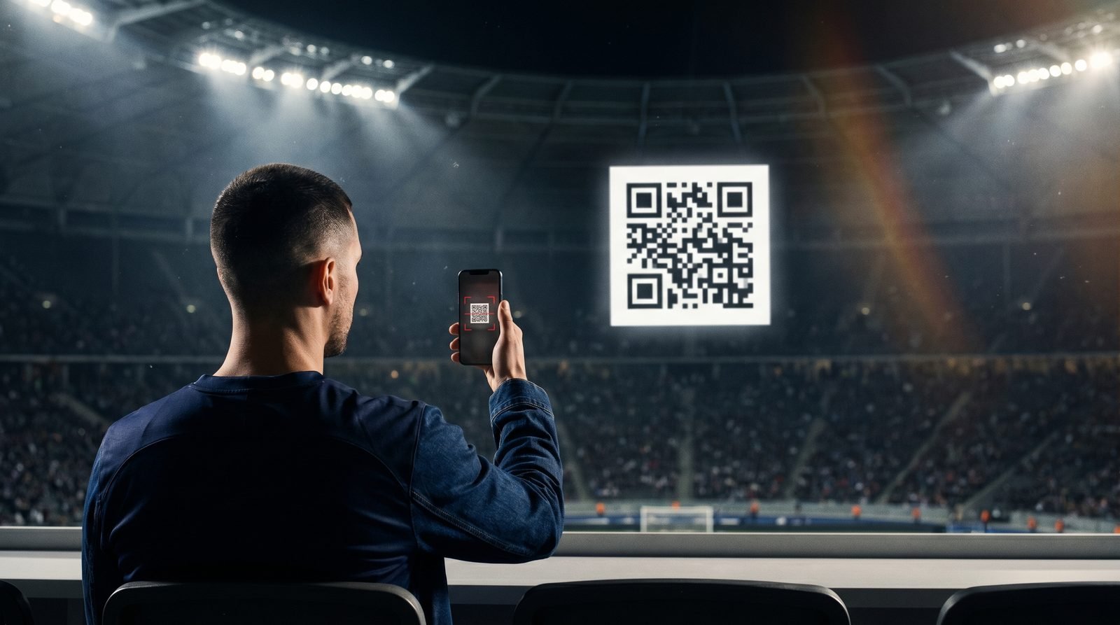 Spectateur scannant le QR FTBL.fr depuis les tribunes hautes du Stade de France