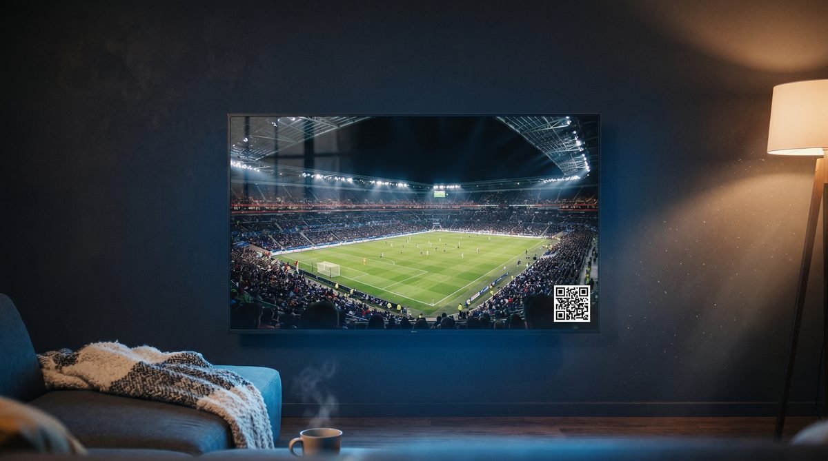 Écran TV avec QR FTBL.fr en encart pendant un match de football